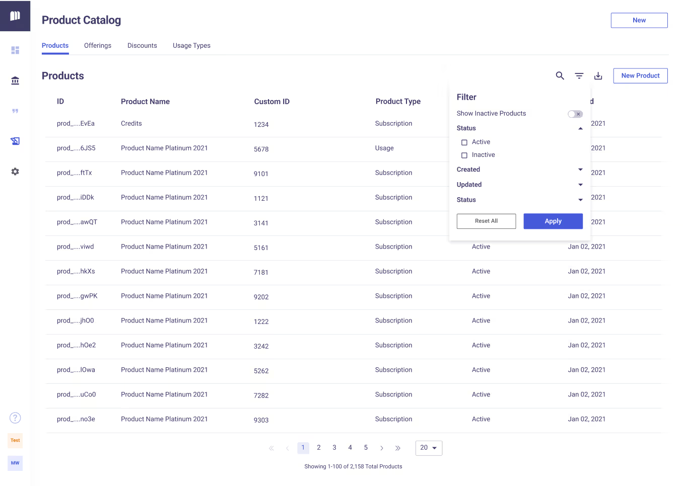 MonetizeNow product catalog listing subscription and usage products with a status filter