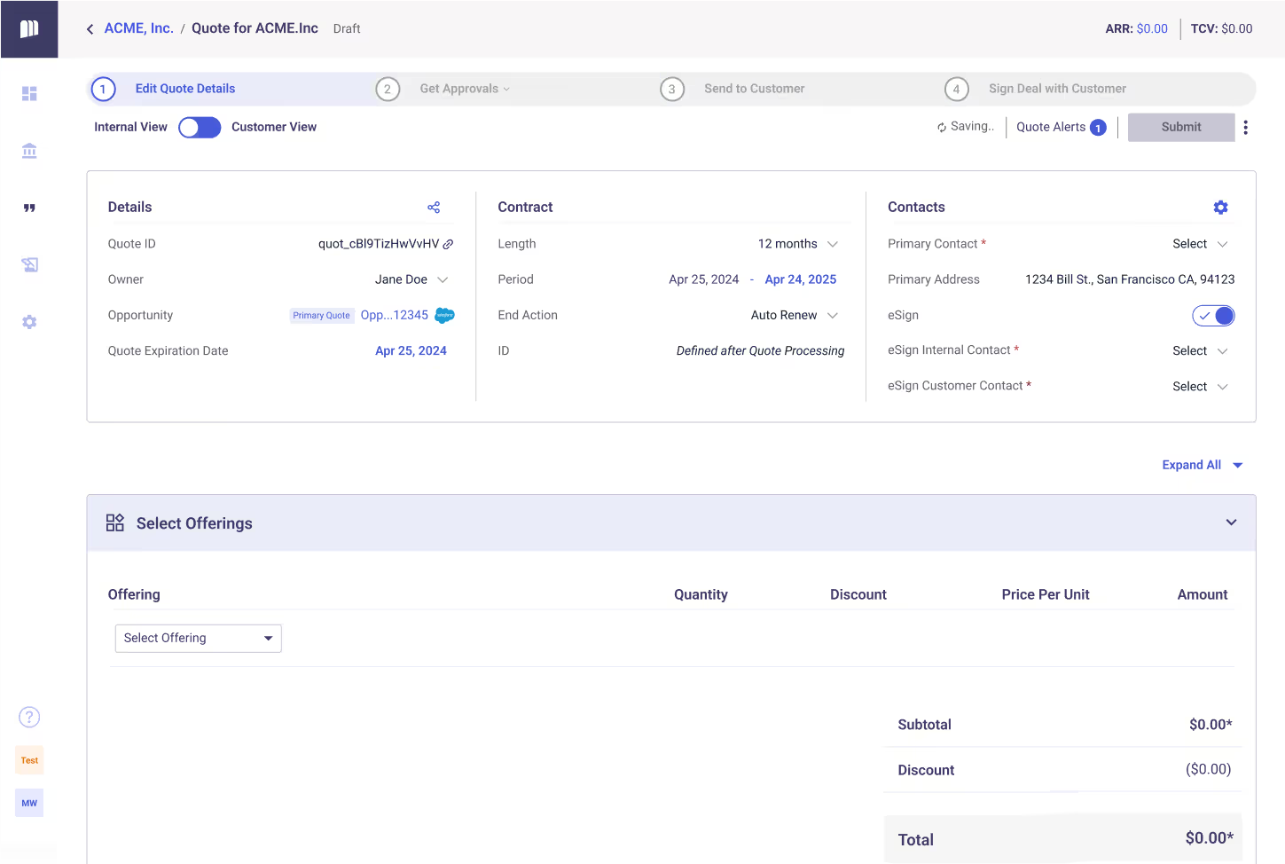 MonetizeNow quote editor with contract terms, approval steps and offering pricing