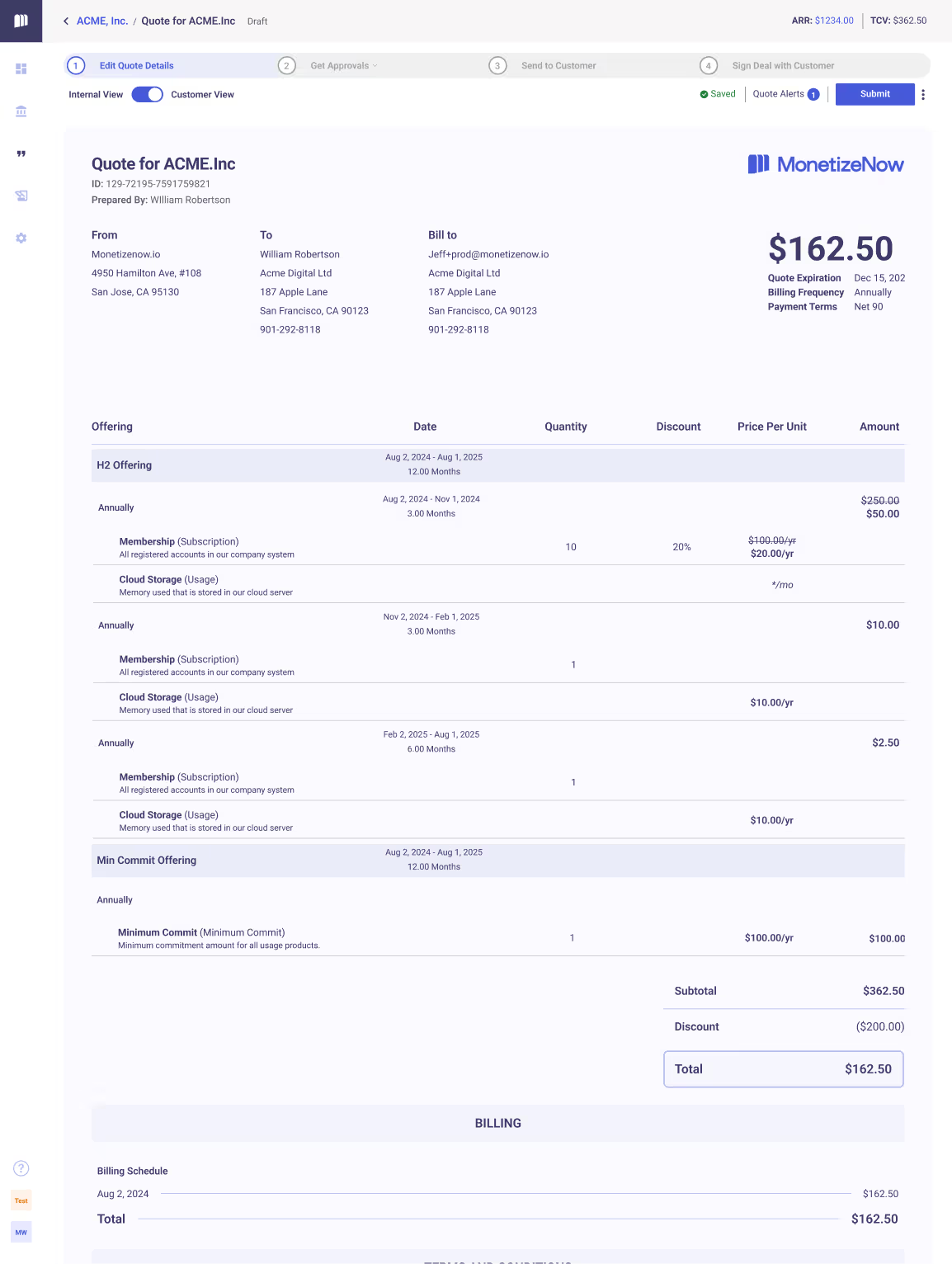 Finished MonetizeNow quote for ACME with offerings, discounts, total and billing schedule